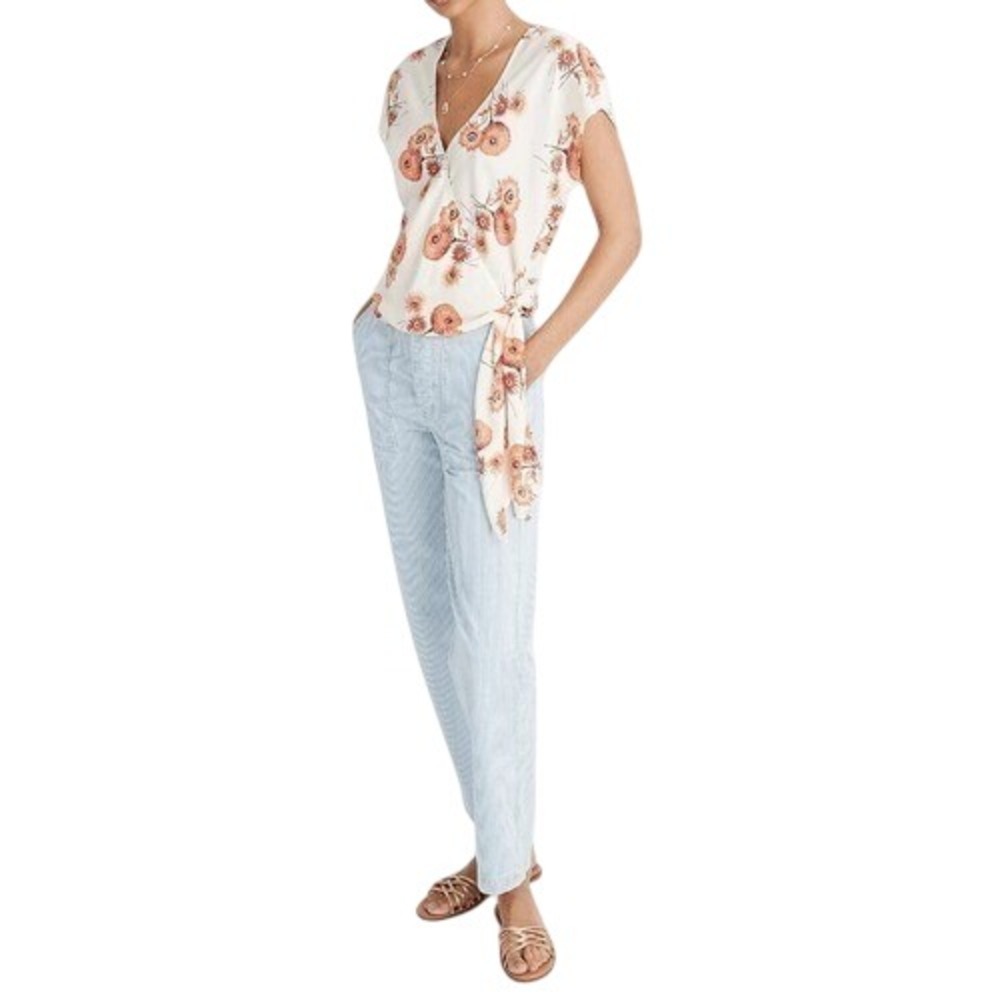 Madewell Dutch Dandelions Floral‎ Wrap Blouse Tie Waist Short Sleeve Size M